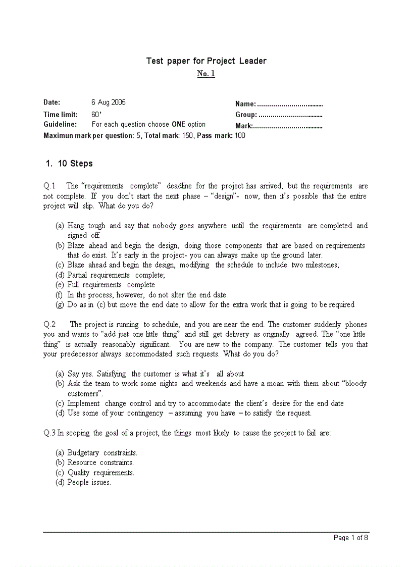 image for page Test paper for Project Leader