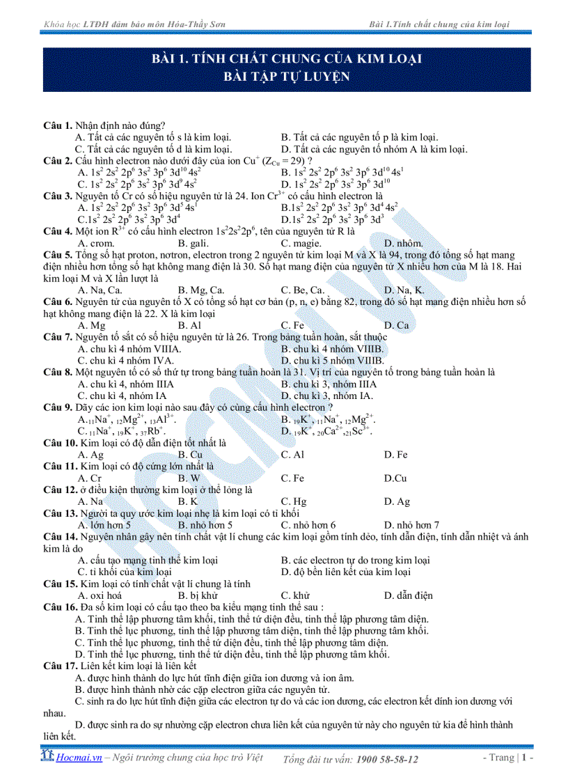 image for page Tính chất chung của kim loại bài tập tự luyện