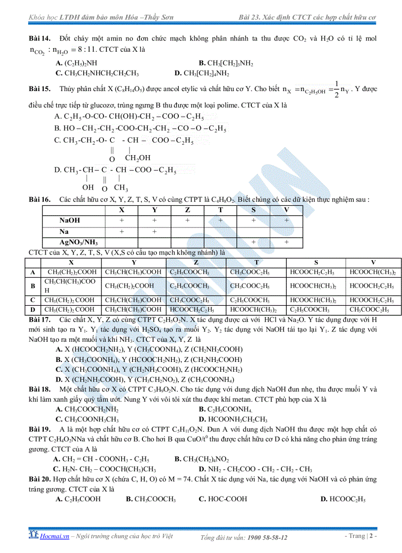 Xác định ctct các hợp chất hữu cơ