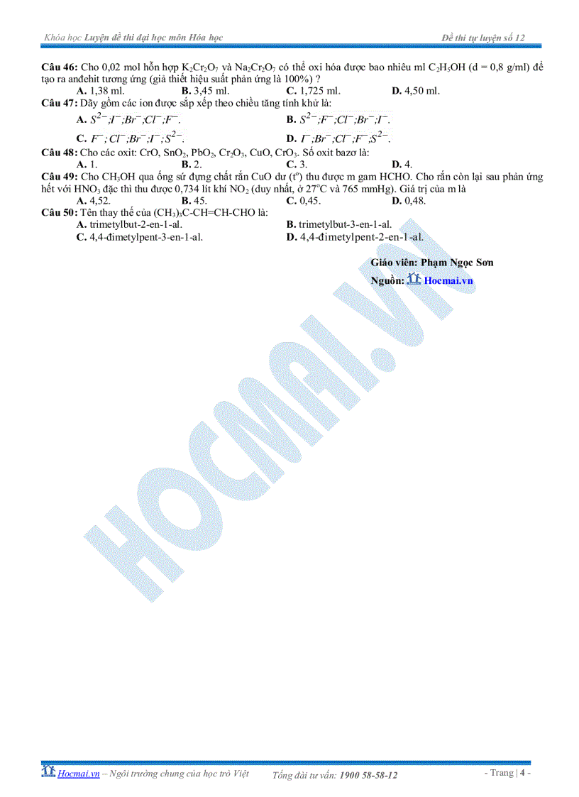 image for page Đề tự luyện thi đại học số 12 môn Hóa học