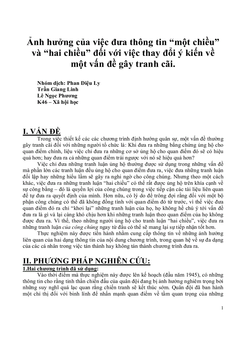 image for page Ảnh hưởng của việc đưa thông tin một chiều và hai chiều đối với việc thay đổi ý kiến về một vấn đề gây tranh cãi