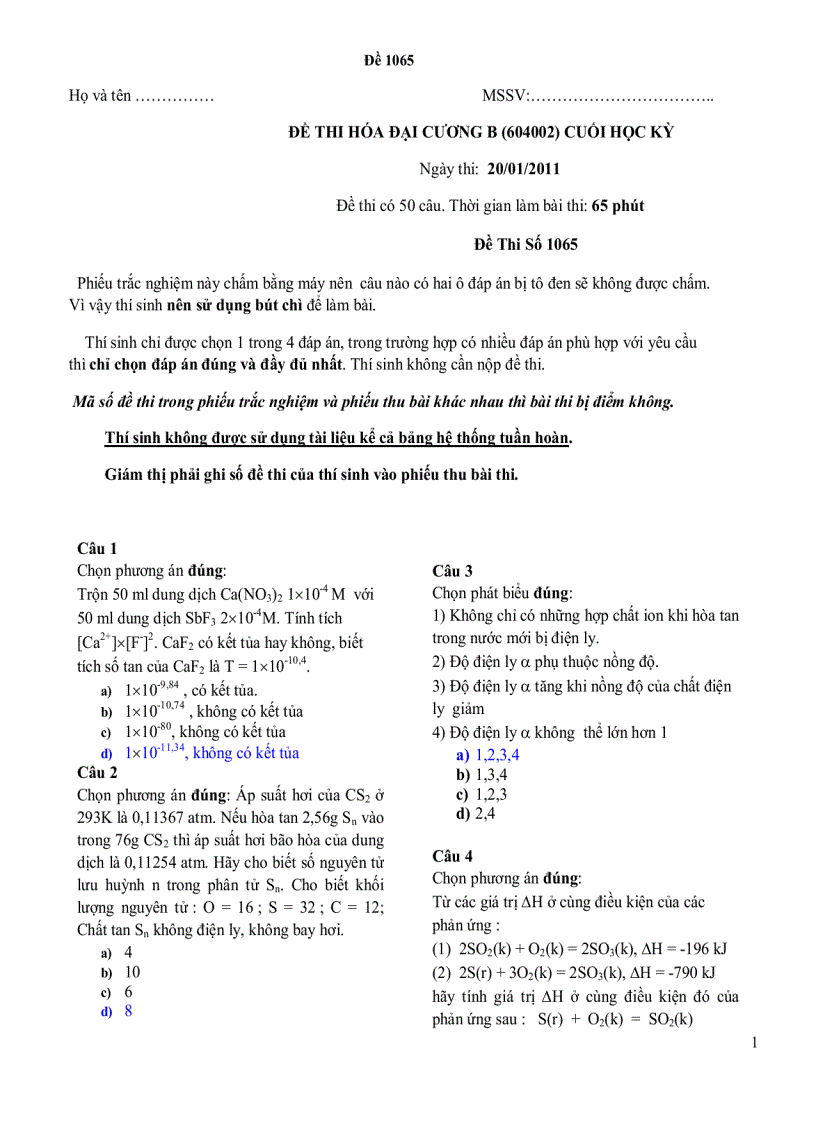 image for page Đề thi hóa đại cương b 604002 cuối học kỳ