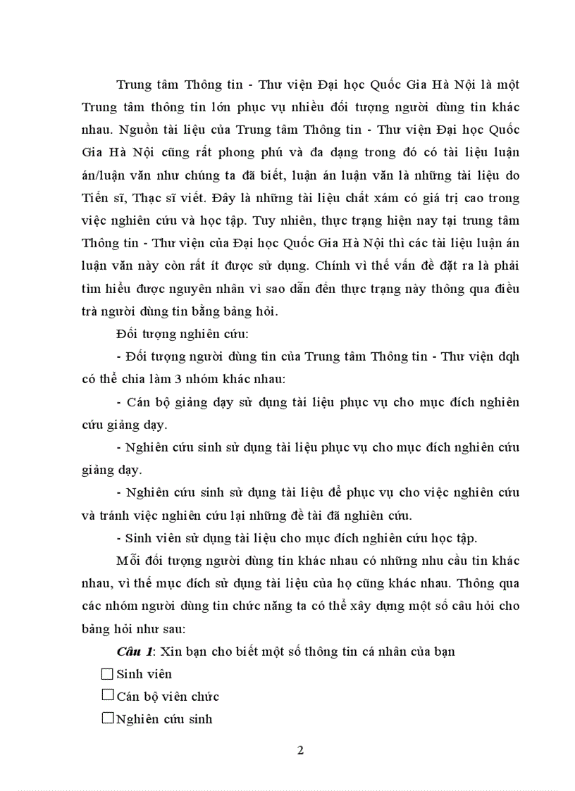 Phiếu điều tra về việc sử dụng kho tài liệu luận án luận văn tại trung tâm thông tin thư viện đại học quốc gia hà nội