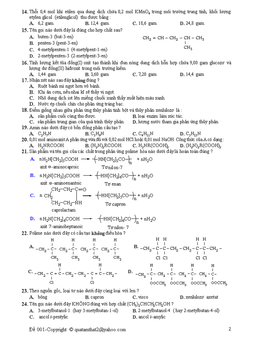 Đề thi thử Đại học môn Hóa 13