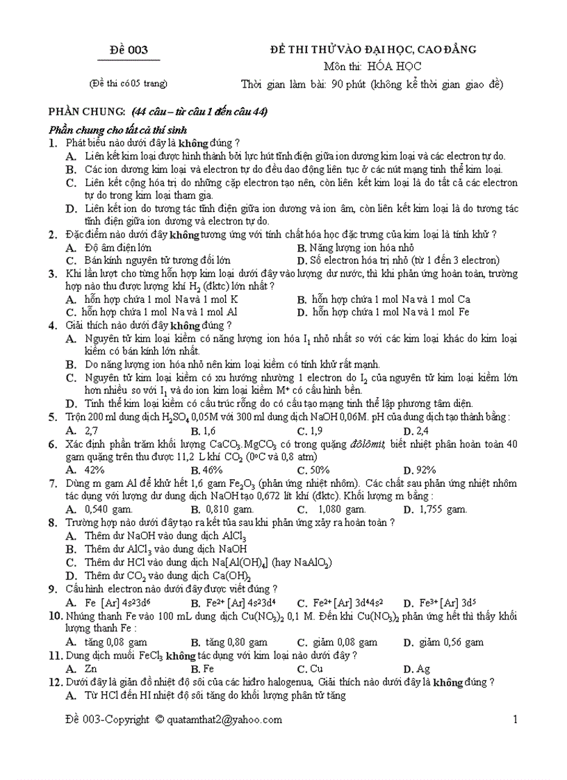image for page Đề thi thử Đại học môn Hóa 15