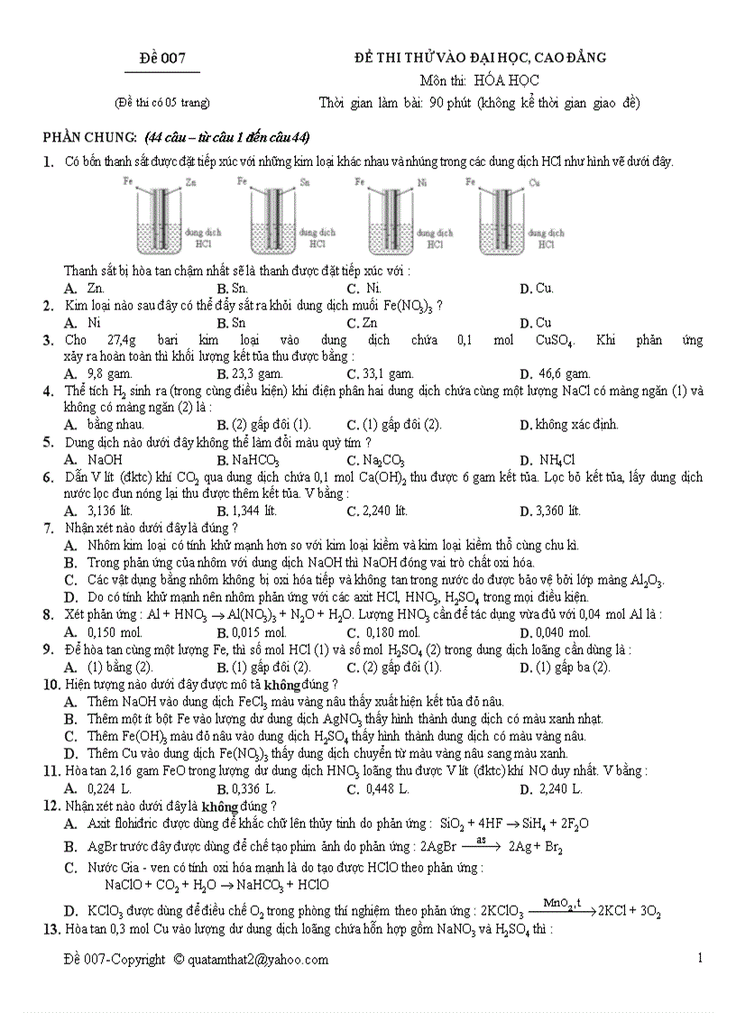 Đề thi thử Đại học môn Hóa 19