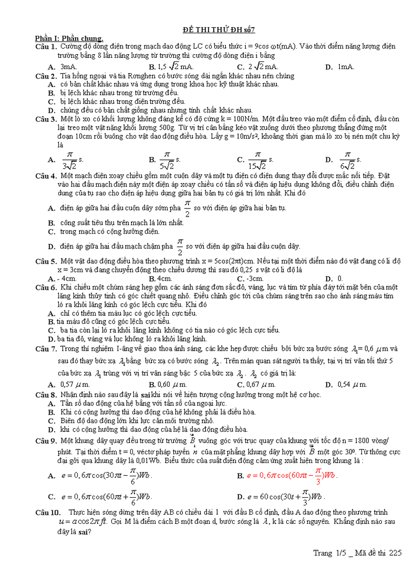 Đề thi thử Đại học môn Lý 3