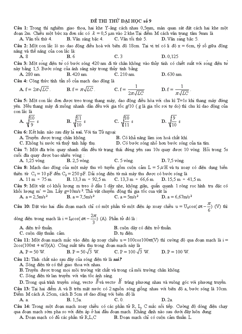 Đề thi thử Đại học môn Lý 11