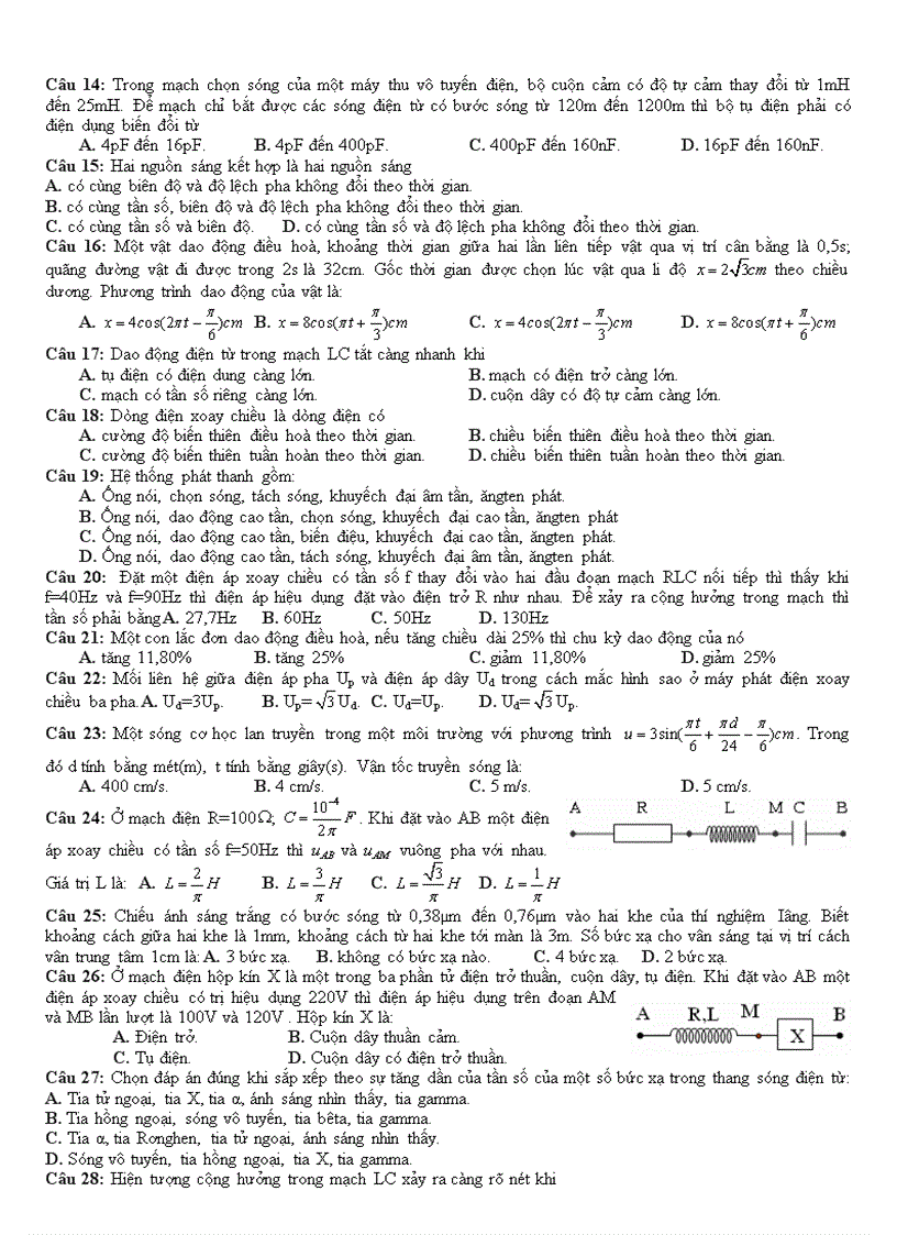 Đề thi thử Đại học môn Lý 16