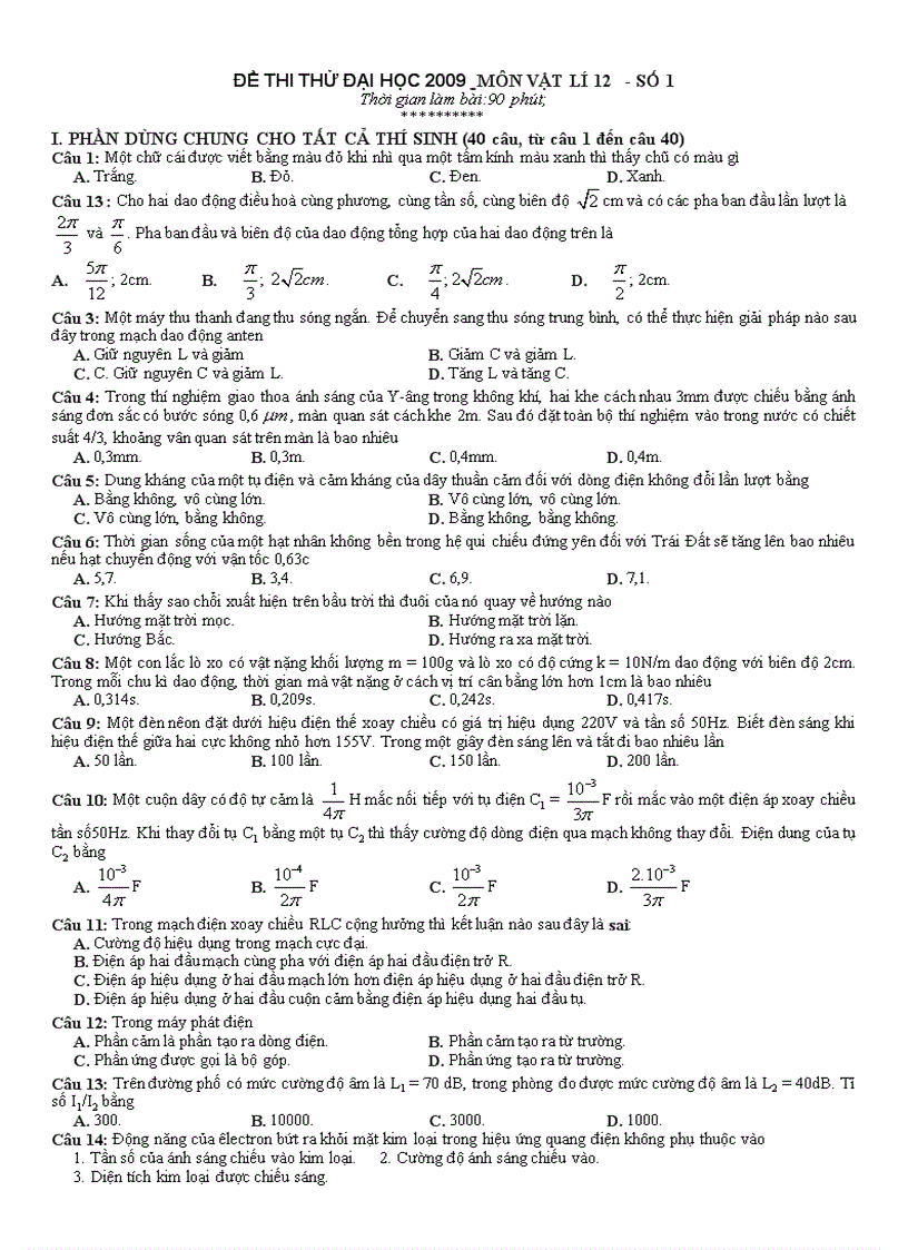 Đề thi thử Đại học môn Lý 51