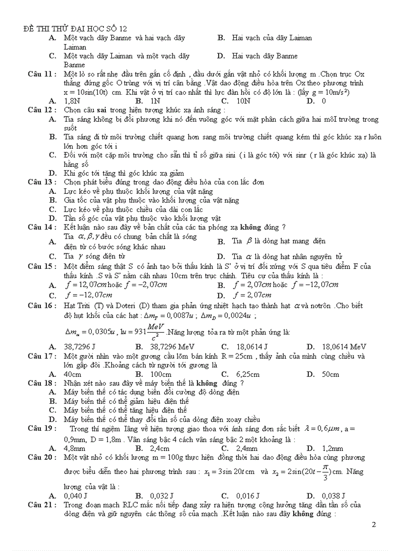 Đề thi thử Đại học môn Lý 48