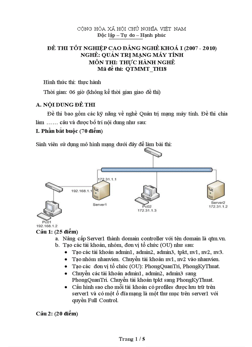 image for page Đề thi nghề Quản trị mạng máy tính Thực hành nghề 18