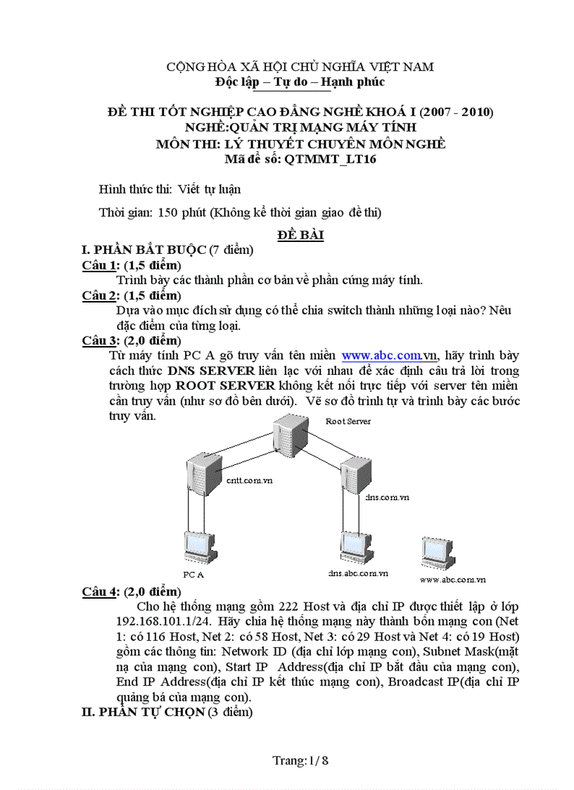 Đề thi nghề Quản trị mạng máy tính 16