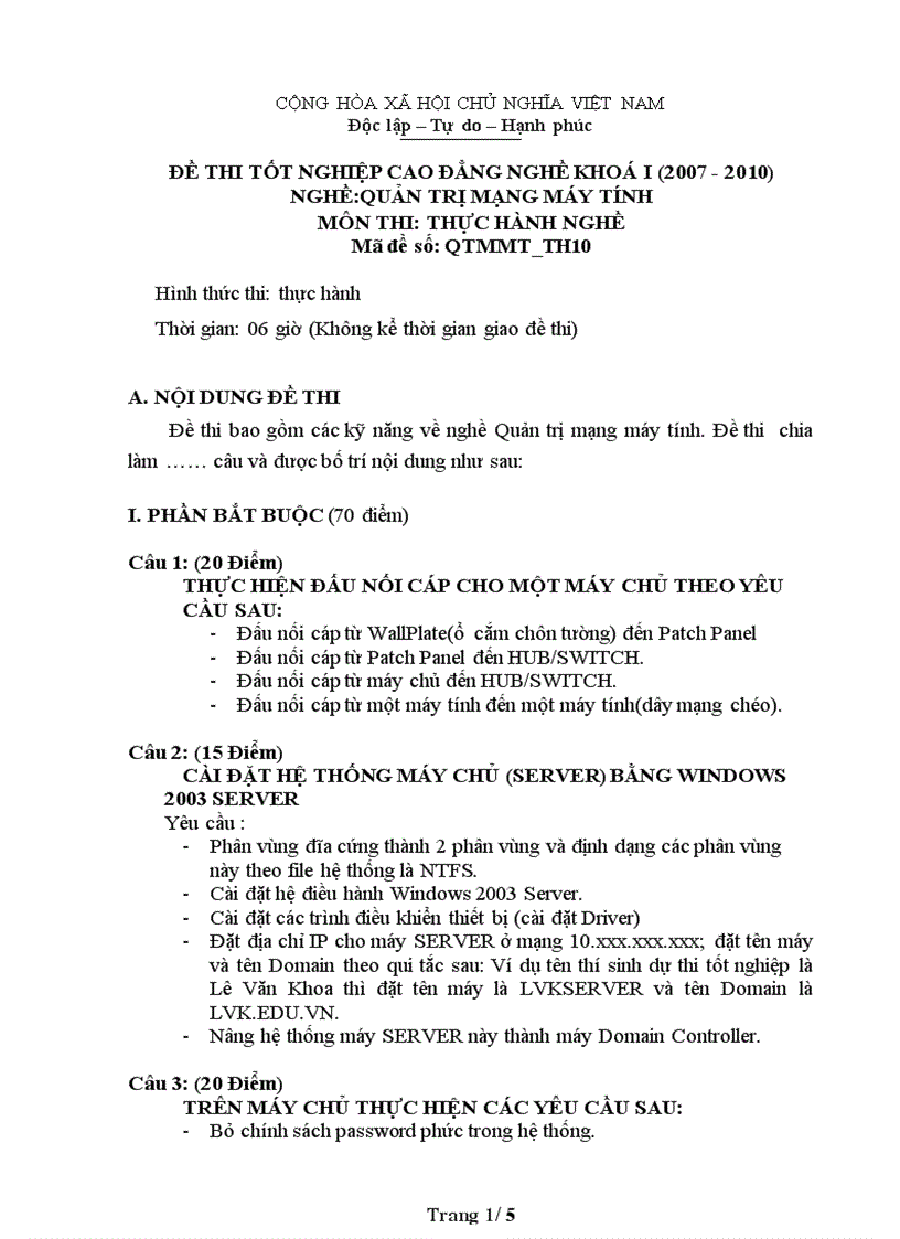 image for page Đề thi nghề Quản trị mạng máy tính Thực hành nghề 10