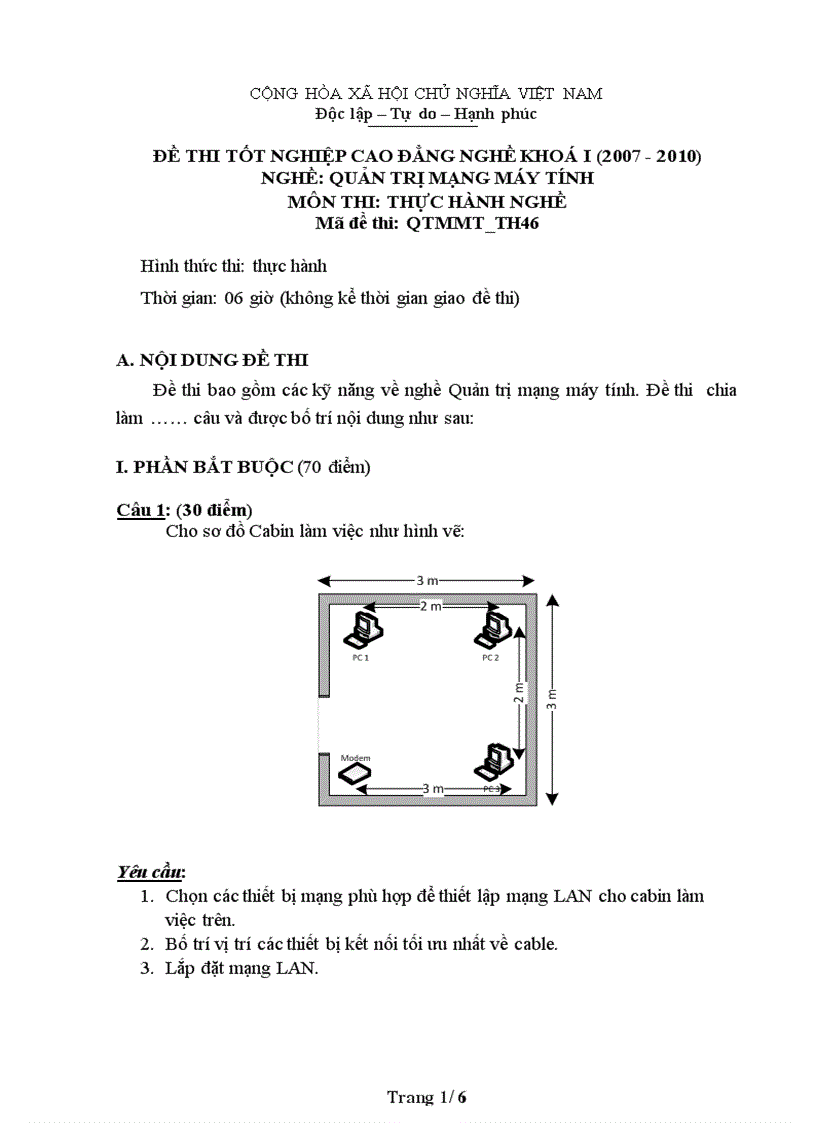 Đề thi nghề Quản trị mạng máy tính Thực hành nghề 46