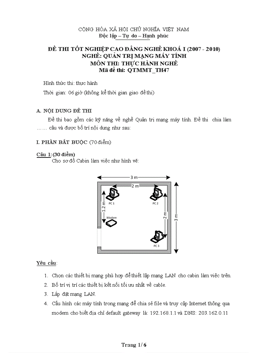 Đề thi nghề Quản trị mạng máy tính Thực hành nghề 47