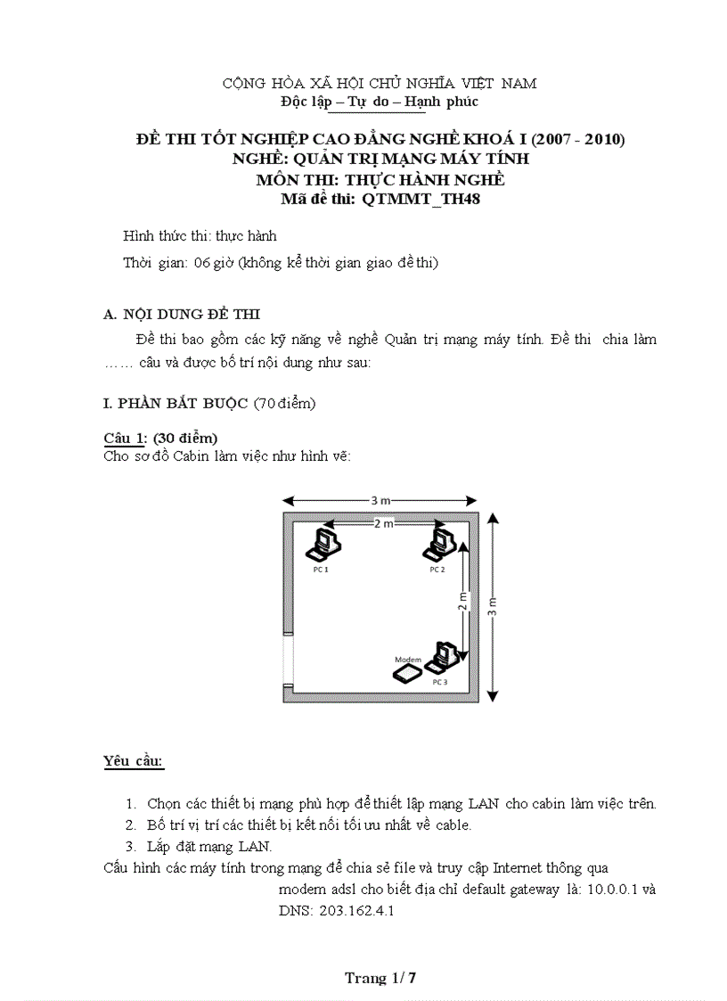 Đề thi nghề Quản trị mạng máy tính Thực hành nghề 48