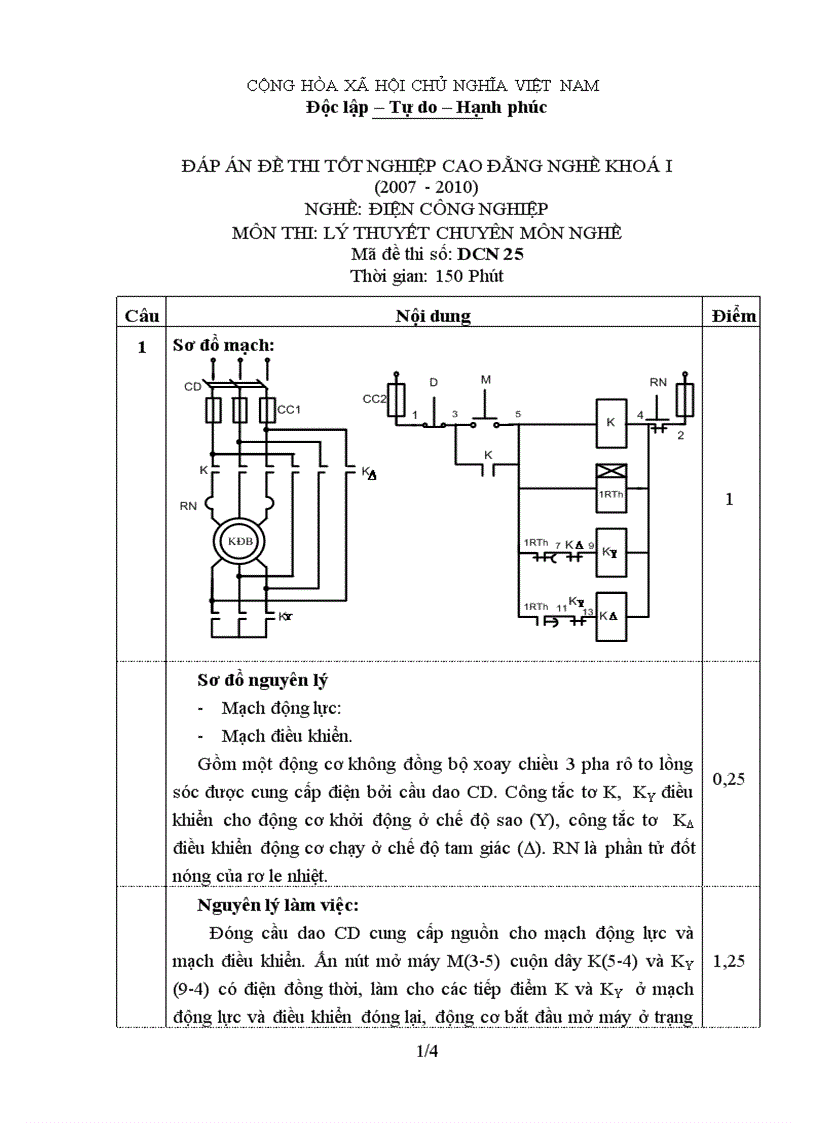 Đáp án đề thi lý thuyết nghề điện công nghiệp 25
