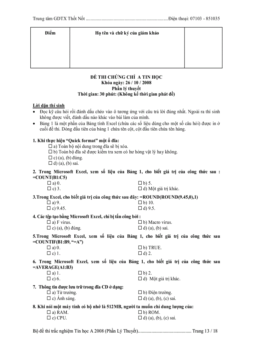 image for page Đề thi chứng chỉ a tin học