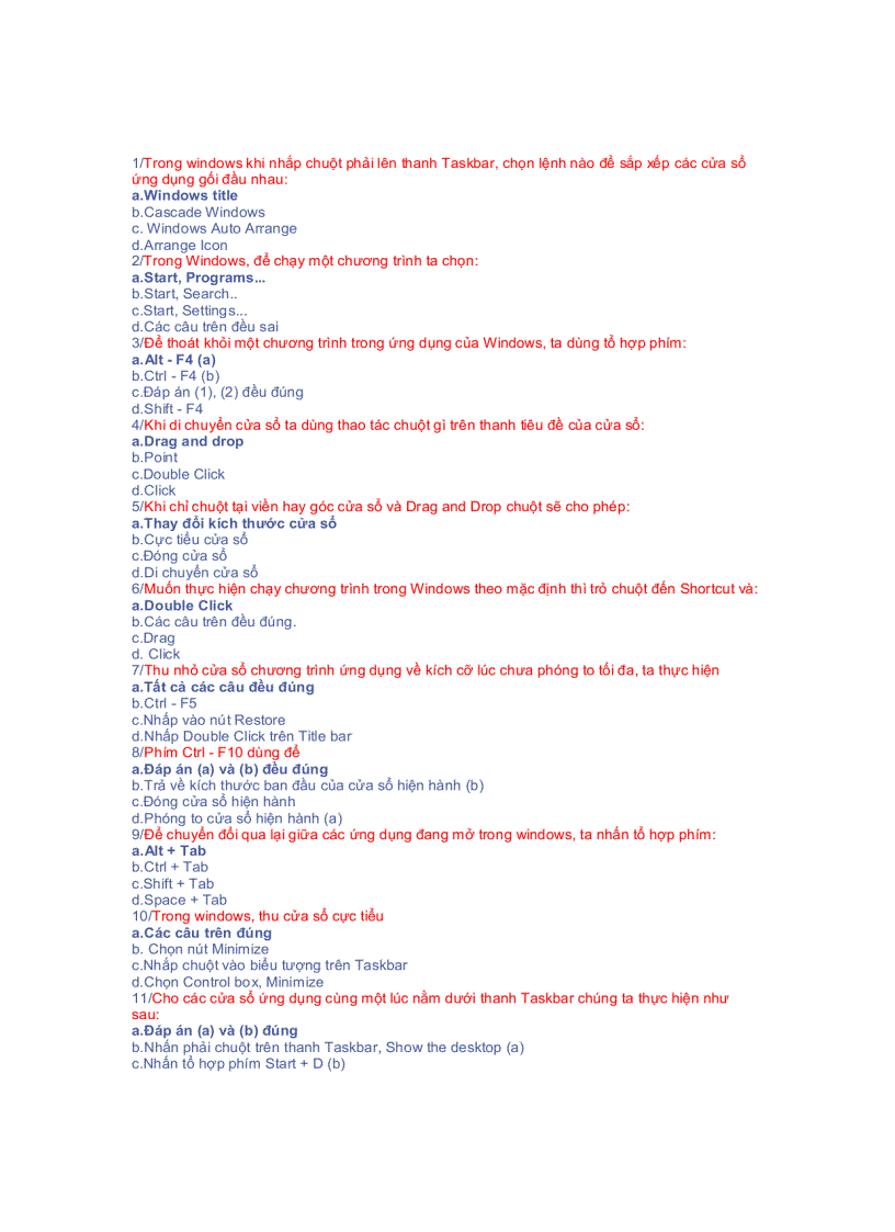 Câu hỏi trắc nghiệm sử dụng windows