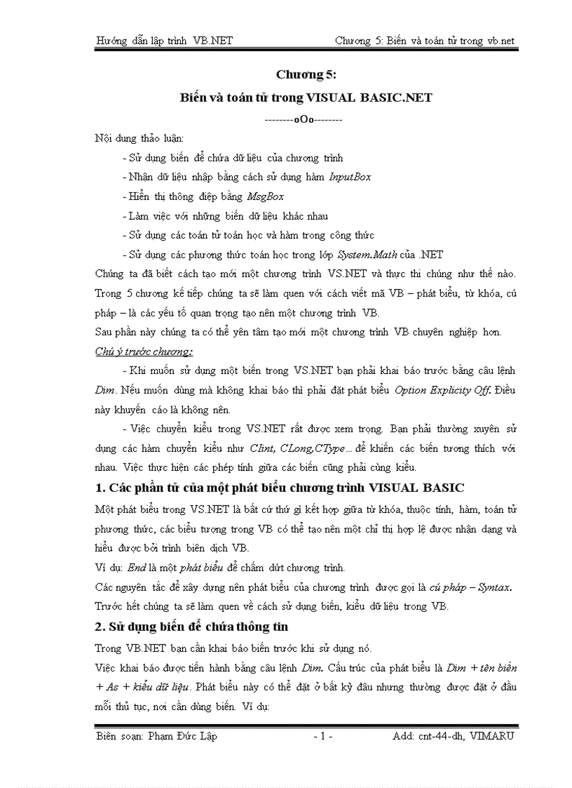 image for page Biến và toán tử trong VISUAL BASIC NET
