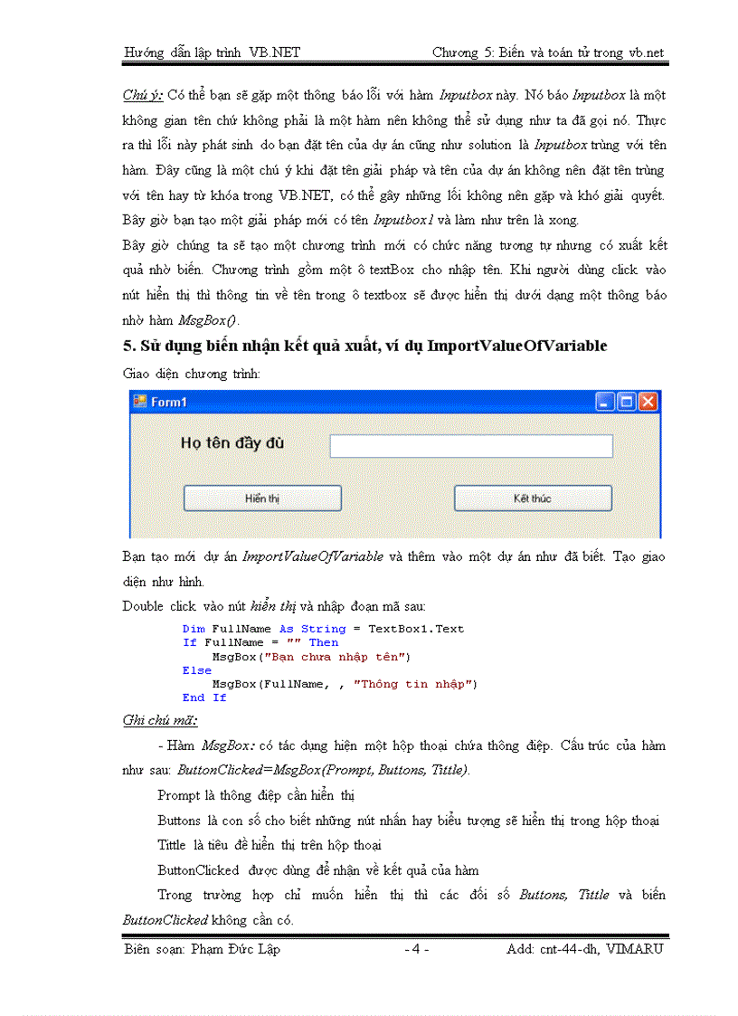 Biến và toán tử trong VISUAL BASIC NET