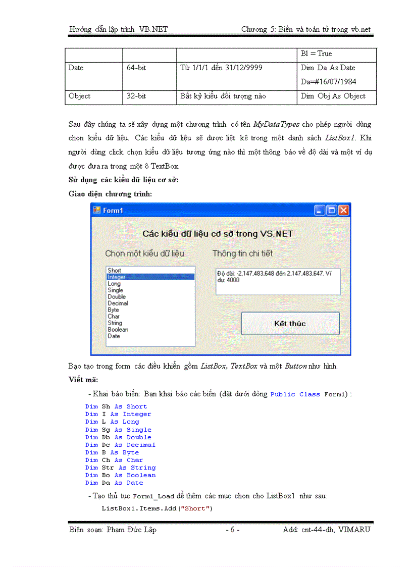 image for page Biến và toán tử trong VISUAL BASIC NET