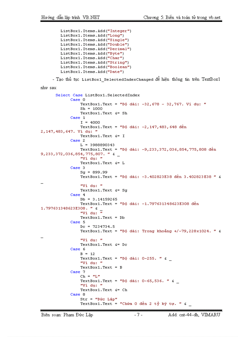 image for page Biến và toán tử trong VISUAL BASIC NET