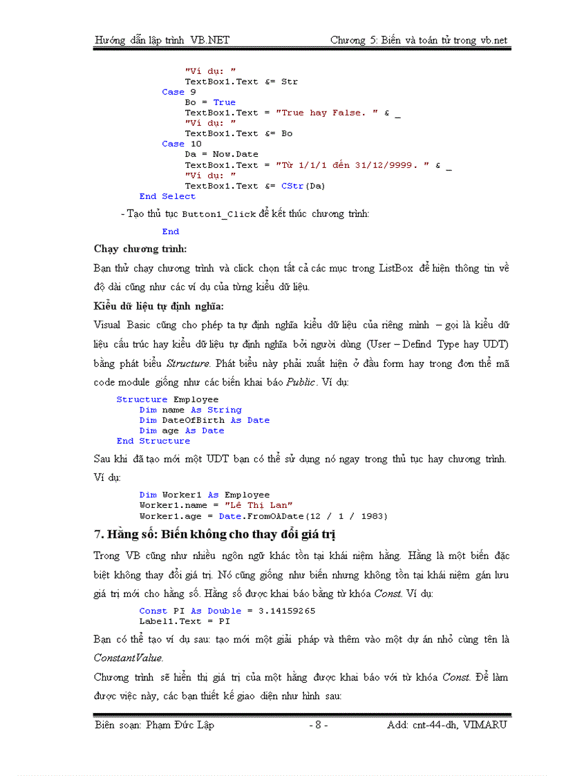 image for page Biến và toán tử trong VISUAL BASIC NET
