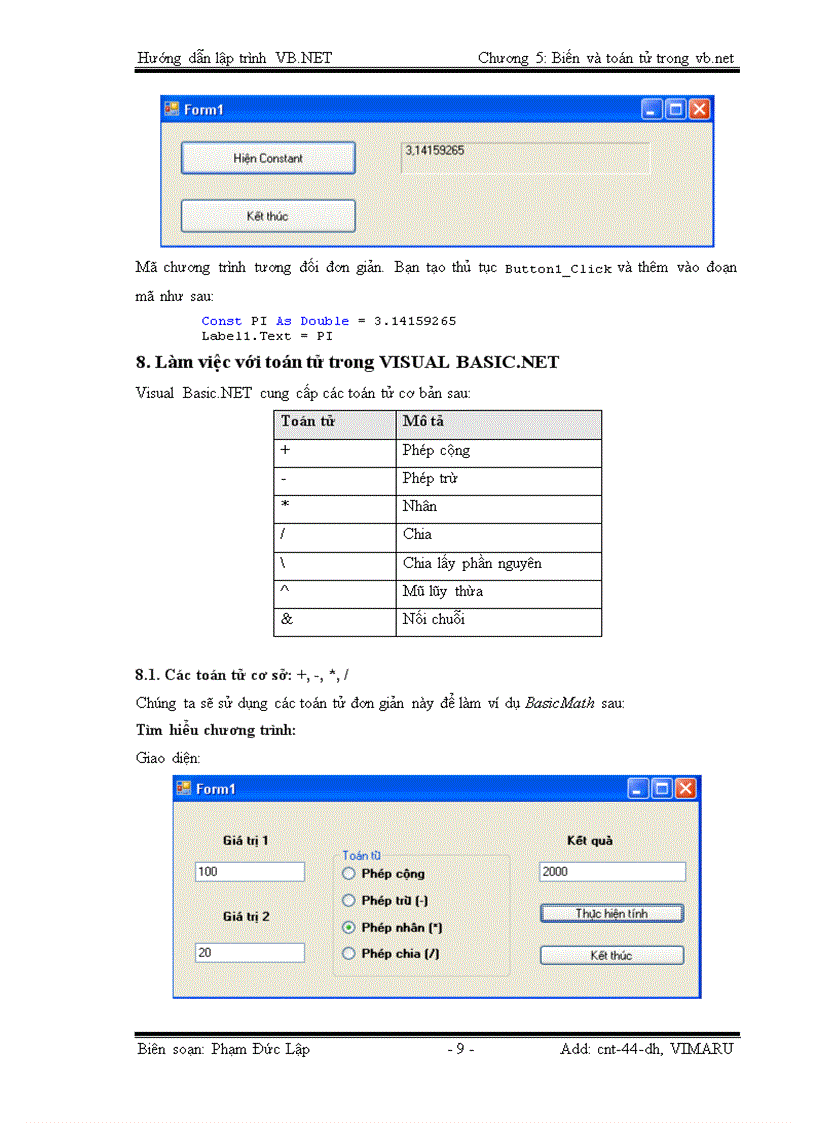 image for page Biến và toán tử trong VISUAL BASIC NET