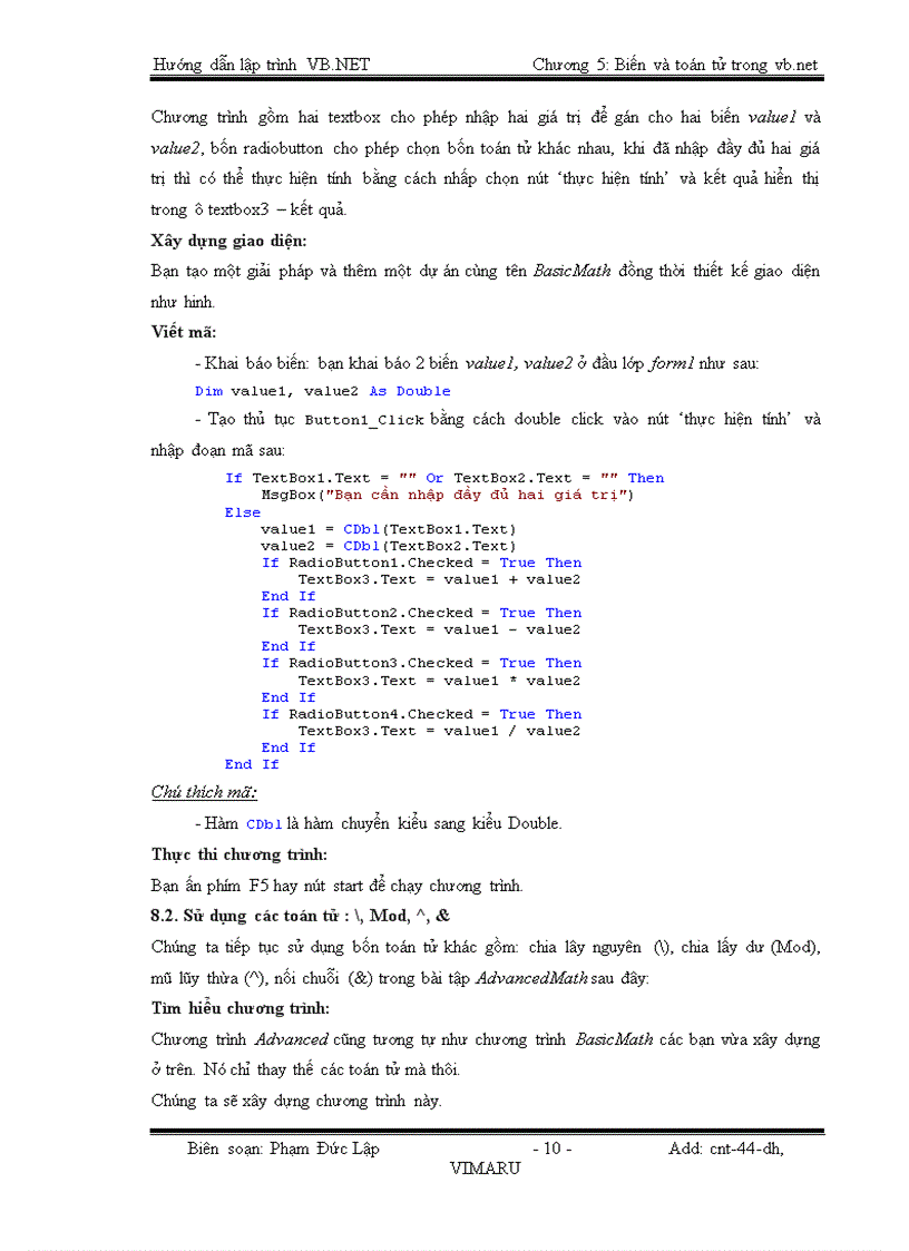 image for page Biến và toán tử trong VISUAL BASIC NET