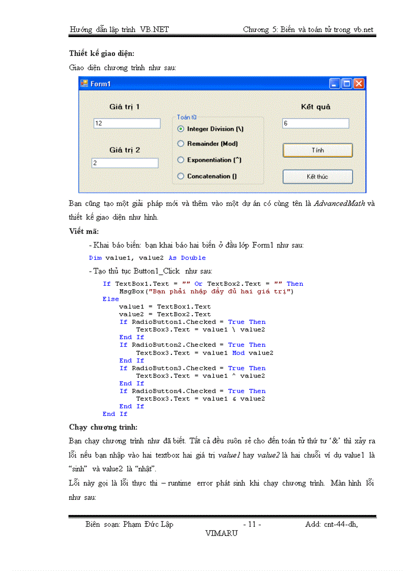 image for page Biến và toán tử trong VISUAL BASIC NET