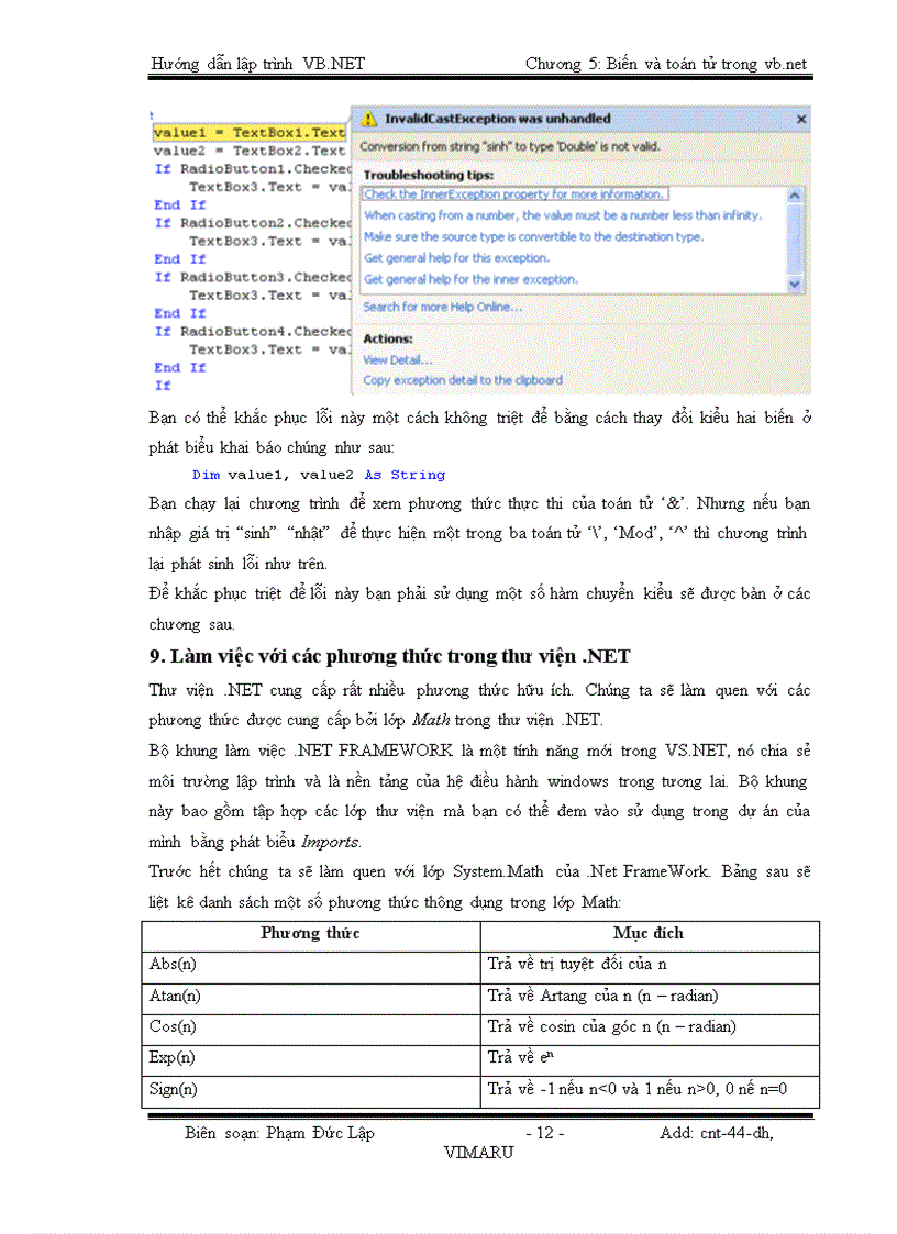 image for page Biến và toán tử trong VISUAL BASIC NET