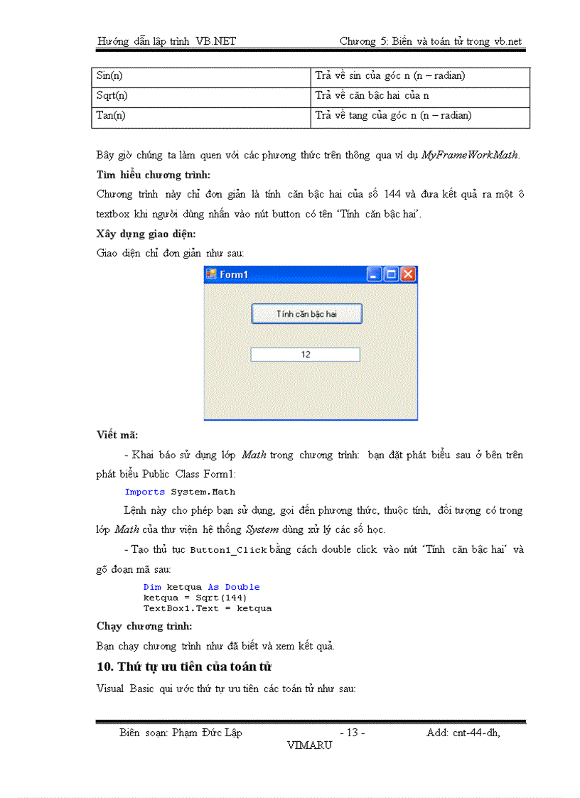 image for page Biến và toán tử trong VISUAL BASIC NET