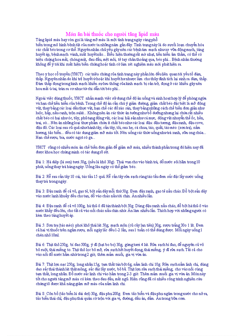 image for page Món ăn bài thuốc cho người tăng lipid máu