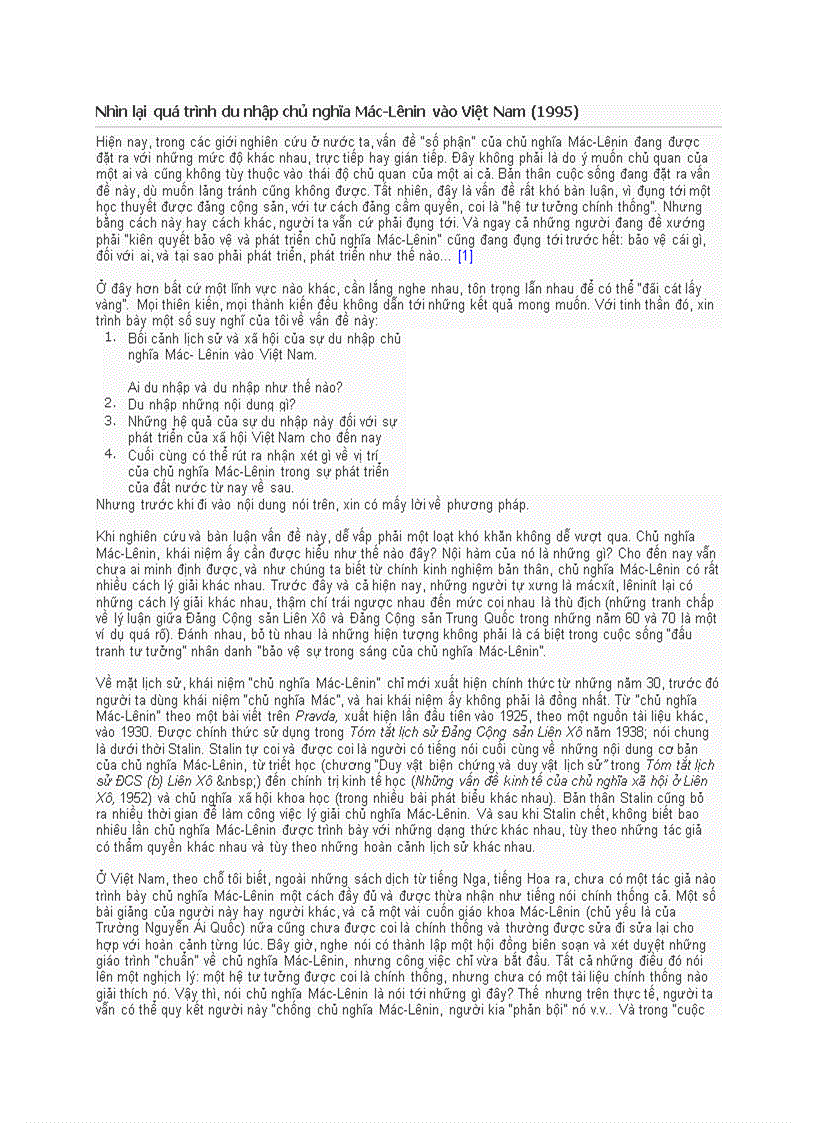 Nhìn lại quá trình du nhập chủ nghĩa Mác Lênin vào Việt Nam 1995