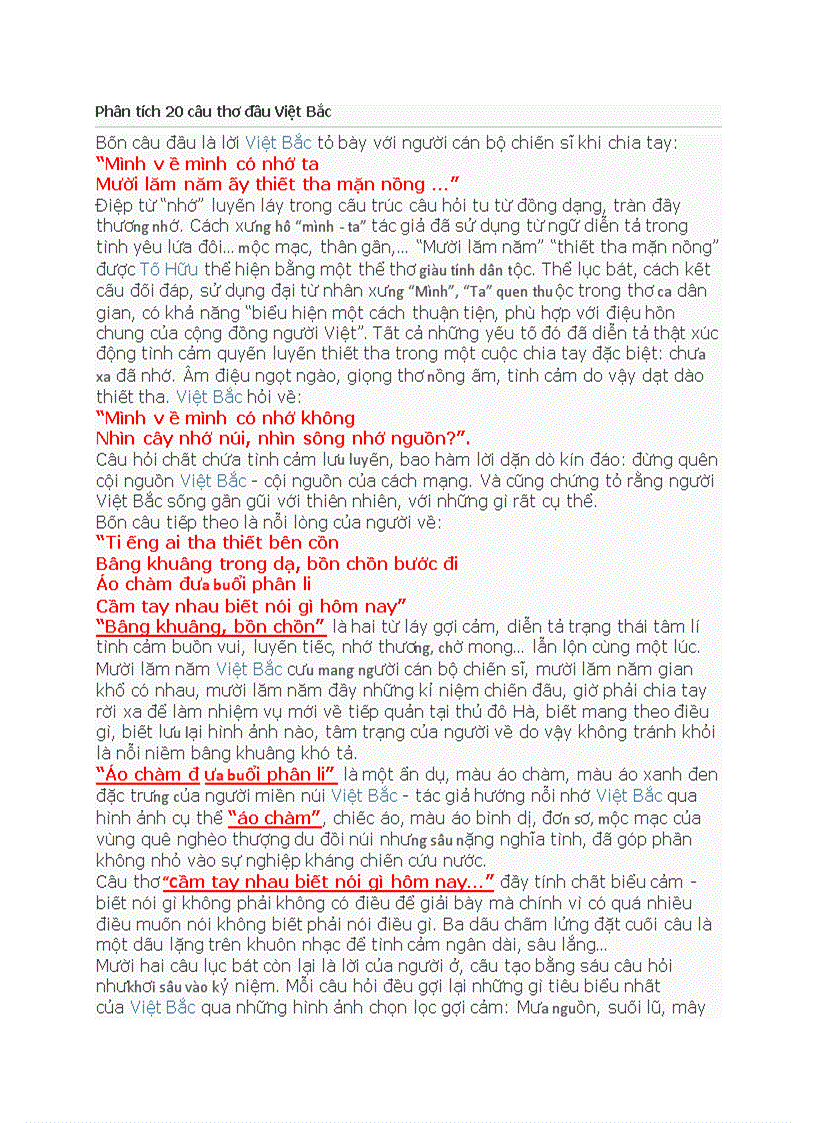 image for page Phân tích 20 câu thơ đầu Việt Bắc