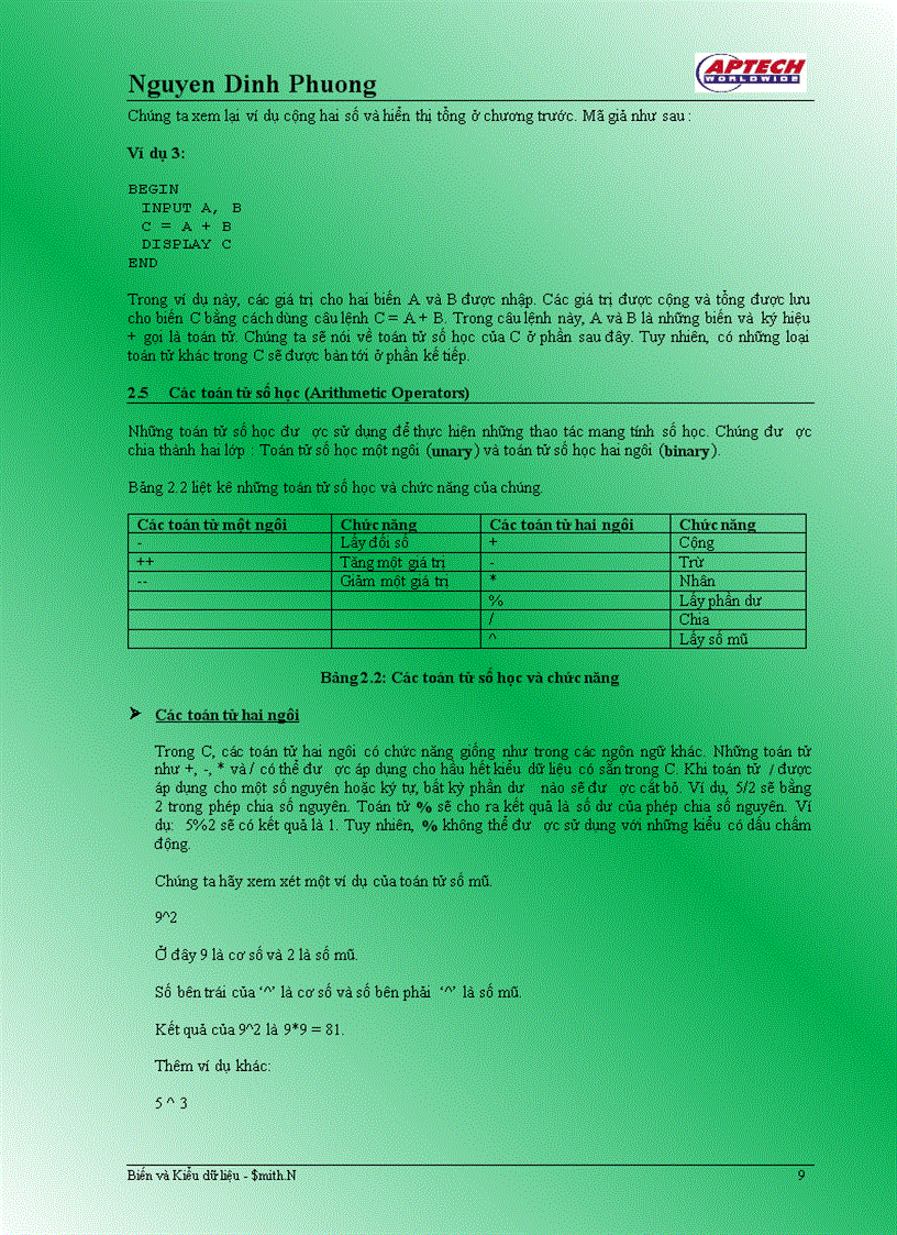 image for page Biến Toán tử và Kiểu dữ liệu Toán tử và Biểu thức