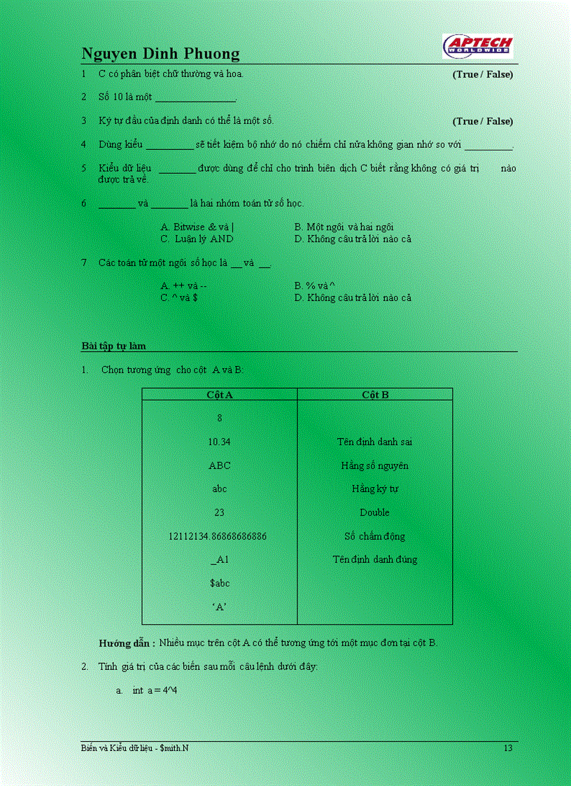 image for page Biến Toán tử và Kiểu dữ liệu Toán tử và Biểu thức