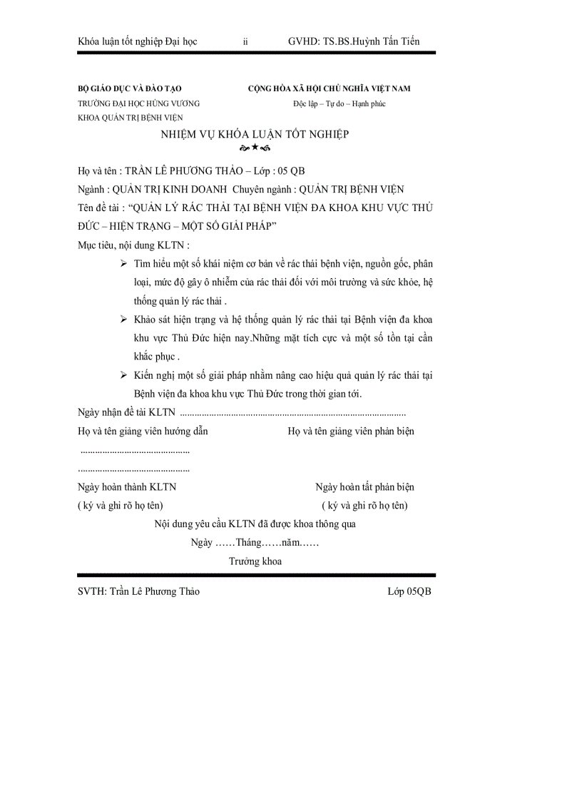 Đề cương Quản lý rác thải tại bệnh viên đa khoa thủ đức hiện trạng một số giải pháp