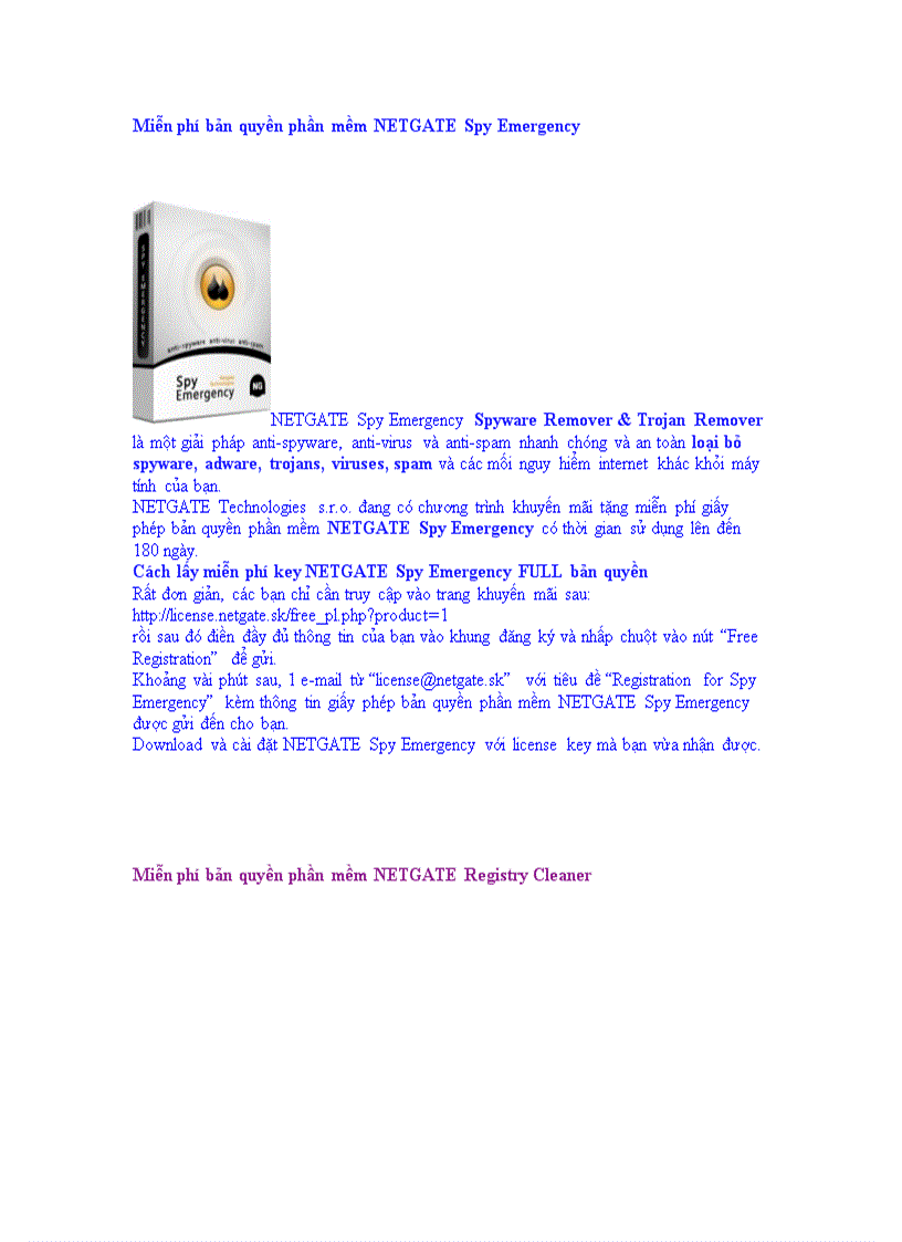 image for page Miễn phí bản quyền phần mềm NETGATE Spy Emergency