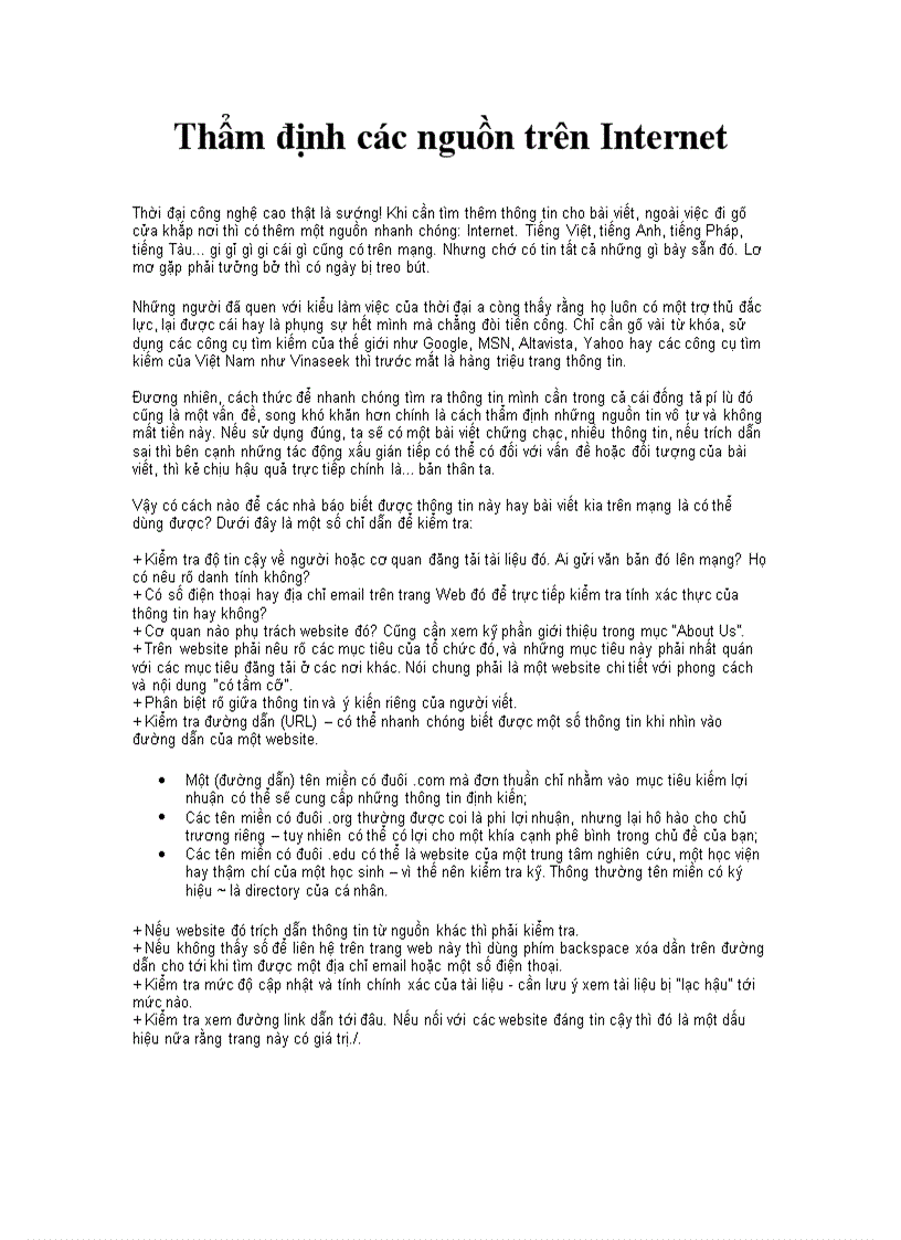 image for page Thẩm định các nguồn trên Internet