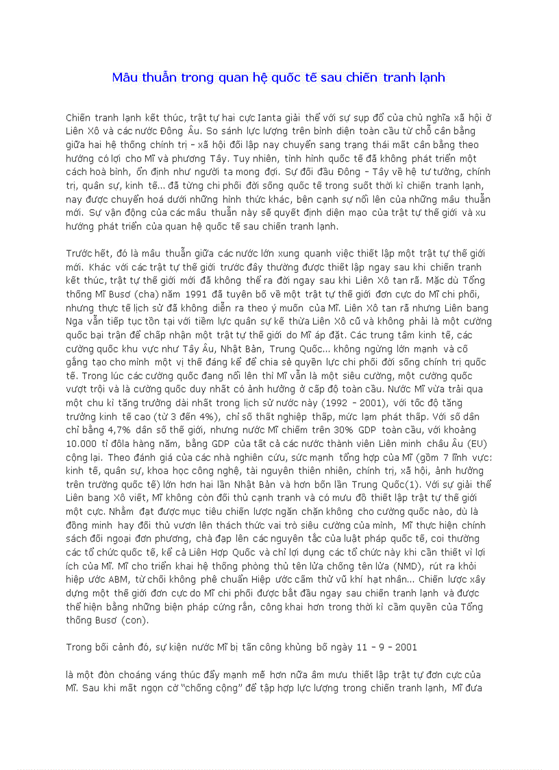 image for page Mâu thuẫn trong quan hệ quốc tế sau chiến tranh lạnh