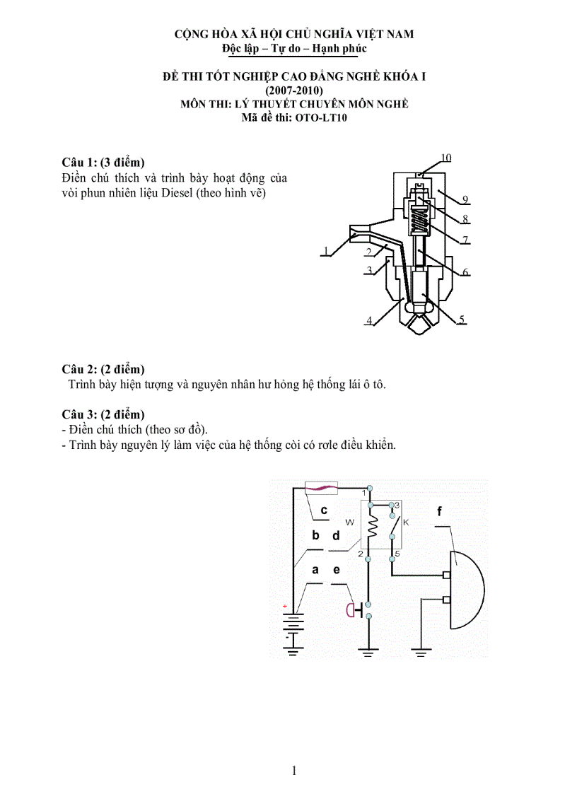 Đề thi lý thuyết công nghệ ô tô 10