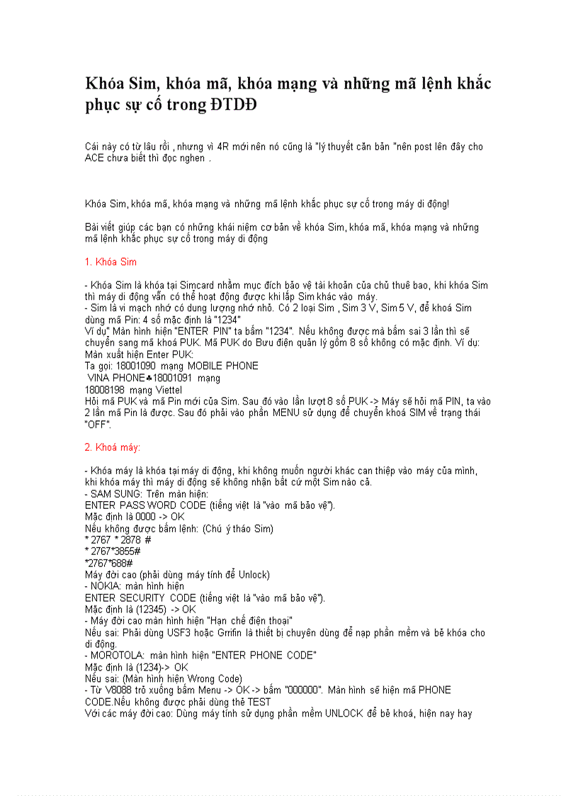 image for page Khóa Sim khóa mã khóa mạng và những mã lệnh khắc phục sự cố trong ĐTDĐ