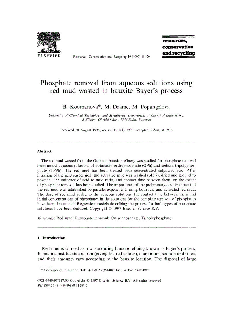 image for page Phosphate removal from aqueous solutions using red mud wasted in bauxite Bayer s process