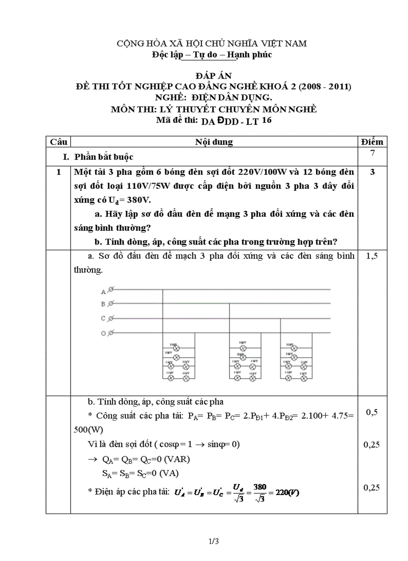 Đề thi tốt nghiệp cao đẳng nghề khóa 2 2008 2011 lý thuyết điện dân dụng lt16