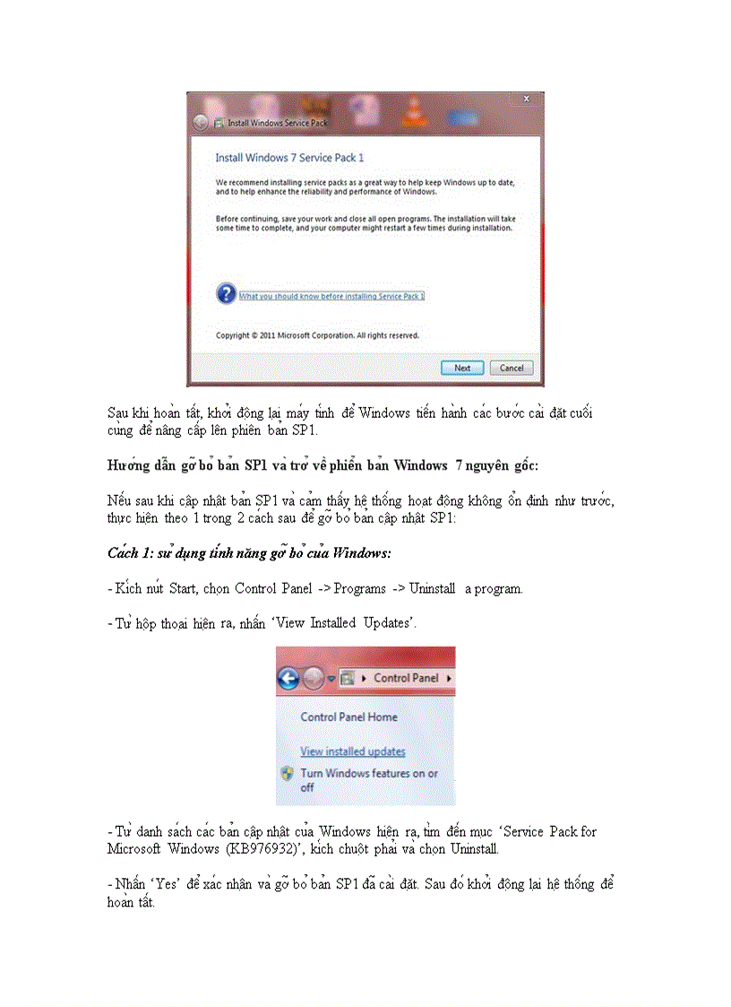 Download và cài đặt bản cập nhật cho SP1 cho window 7