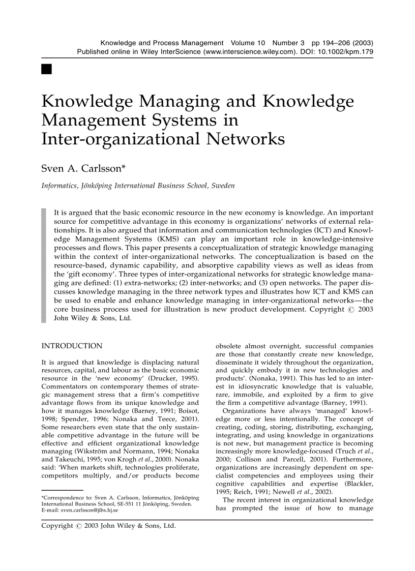 Knowledge Managing and Knowledge Management Systems in Inter organizational networks
