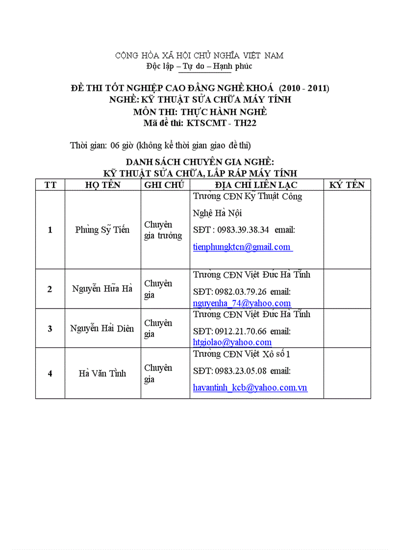 image for page Đề thi tốt nghiệp cao đẳng nghề khóa 2 2008 2011 Kĩ thuật sửa chữa lắp ráp máy tính có đáp án 22